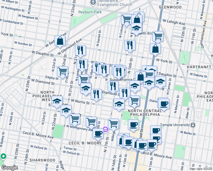 map of restaurants, bars, coffee shops, grocery stores, and more near 2115 North 18th Street in Philadelphia