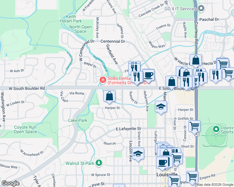 map of restaurants, bars, coffee shops, grocery stores, and more near 1612 Cottonwood Drive in Louisville