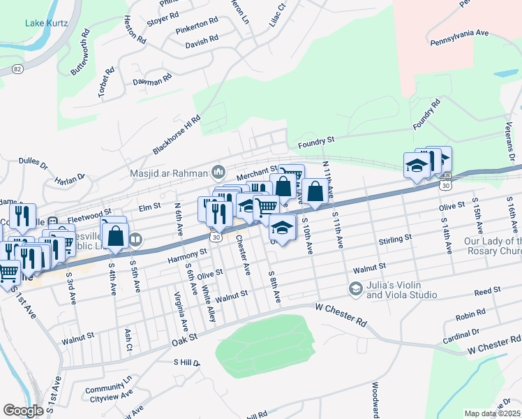 map of restaurants, bars, coffee shops, grocery stores, and more near 805 East Chestnut Street in Coatesville