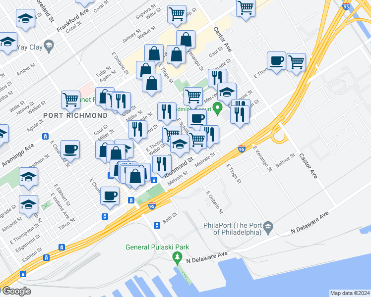 map of restaurants, bars, coffee shops, grocery stores, and more near 3414 Salmon Street in Philadelphia