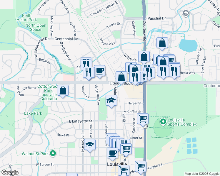 map of restaurants, bars, coffee shops, grocery stores, and more near 818 East South Boulder Road in Louisville