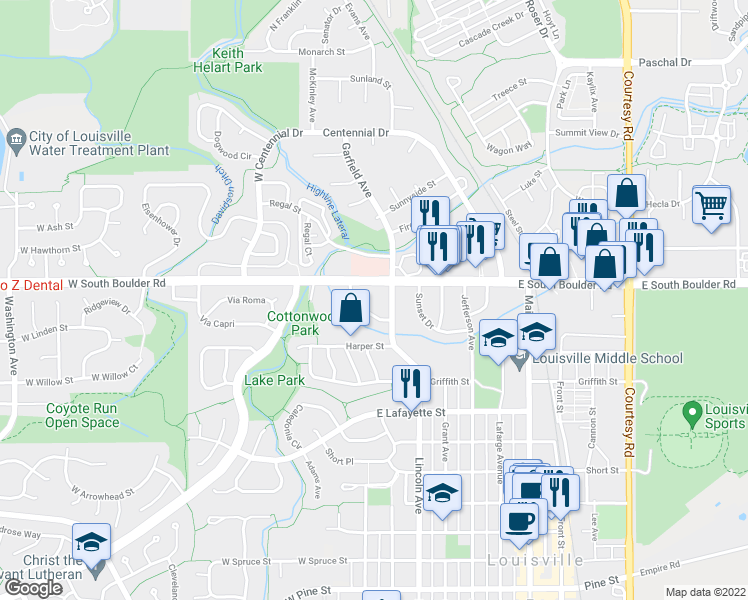 map of restaurants, bars, coffee shops, grocery stores, and more near 323 West South Boulder Road in Louisville