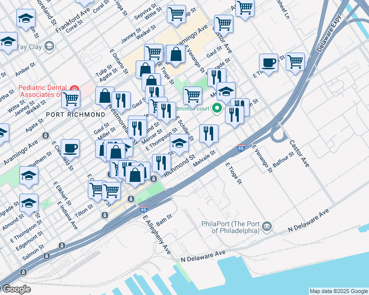 map of restaurants, bars, coffee shops, grocery stores, and more near 3414 Salmon Street in Philadelphia