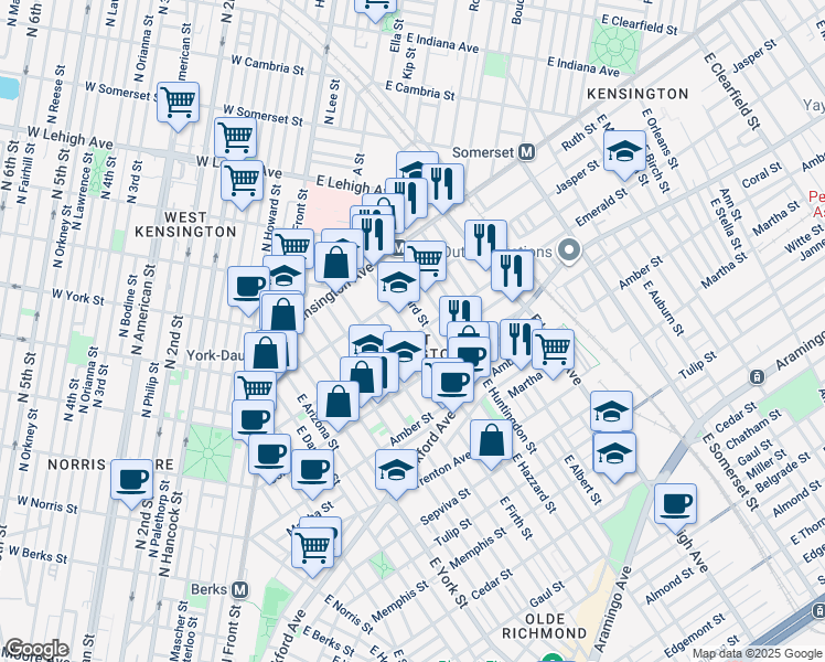 map of restaurants, bars, coffee shops, grocery stores, and more near 2534 Emerald Street in Philadelphia