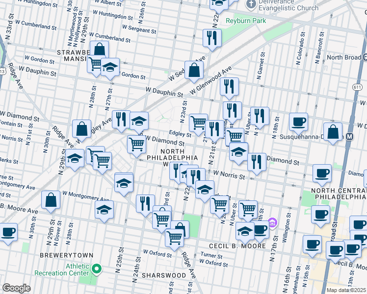 map of restaurants, bars, coffee shops, grocery stores, and more near 2220 West Diamond street in Philadelphia