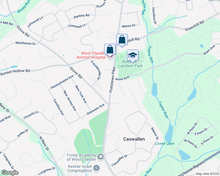 map of restaurants, bars, coffee shops, grocery stores, and more near 1128 Pottstown Pike in West Chester