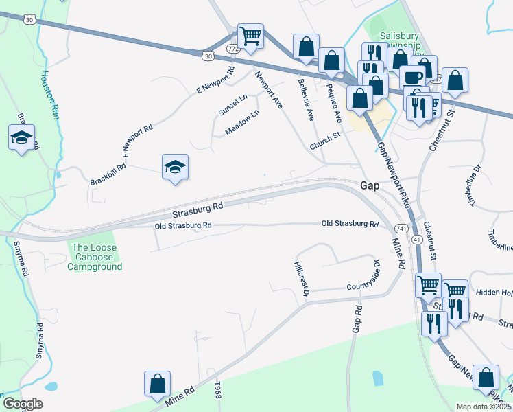 map of restaurants, bars, coffee shops, grocery stores, and more near 5286 Strasburg Road in Kinzers