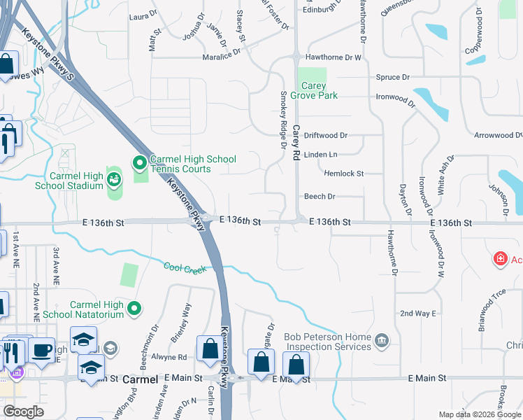 map of restaurants, bars, coffee shops, grocery stores, and more near 13650 Smokey Ridge Place in Carmel