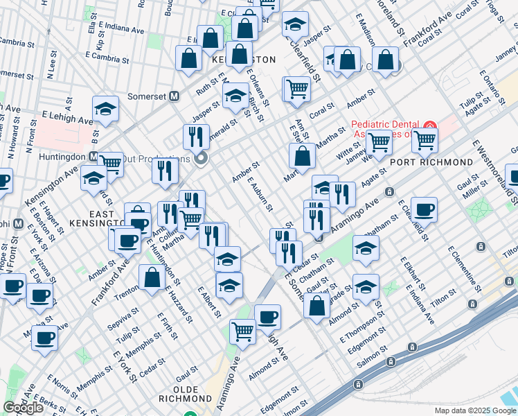 map of restaurants, bars, coffee shops, grocery stores, and more near 2211 East Rush Street in Philadelphia