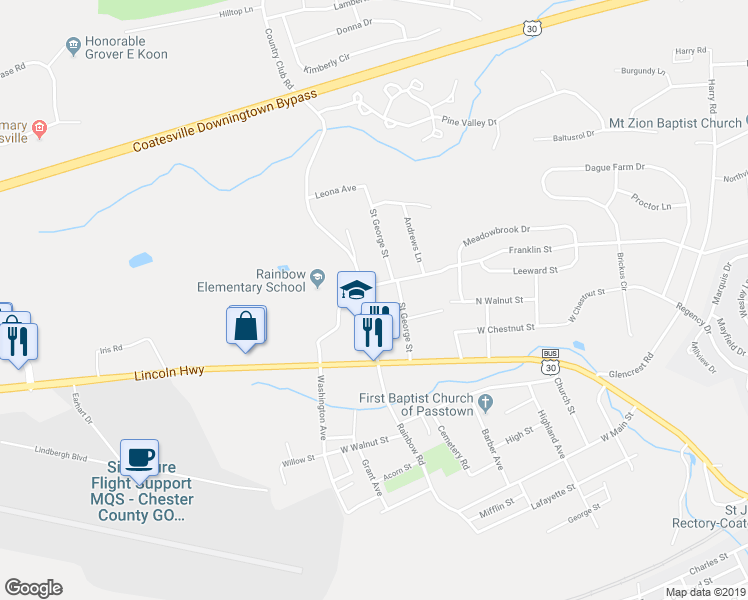 map of restaurants, bars, coffee shops, grocery stores, and more near 65 Country Club Road in Coatesville