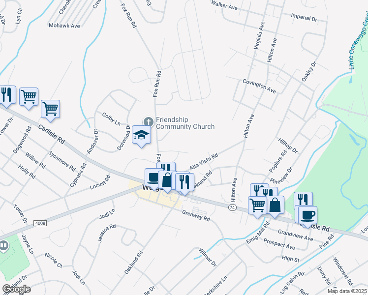 map of restaurants, bars, coffee shops, grocery stores, and more near 3311 Fox Meadow Drive in Dover