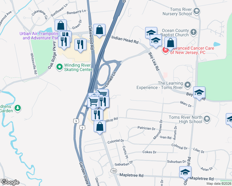 map of restaurants, bars, coffee shops, grocery stores, and more near 1255 New Jersey 166 in Toms River