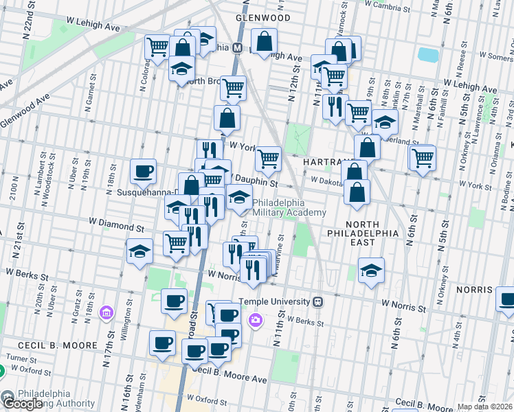 map of restaurants, bars, coffee shops, grocery stores, and more near 2214 North Camac Street in Philadelphia