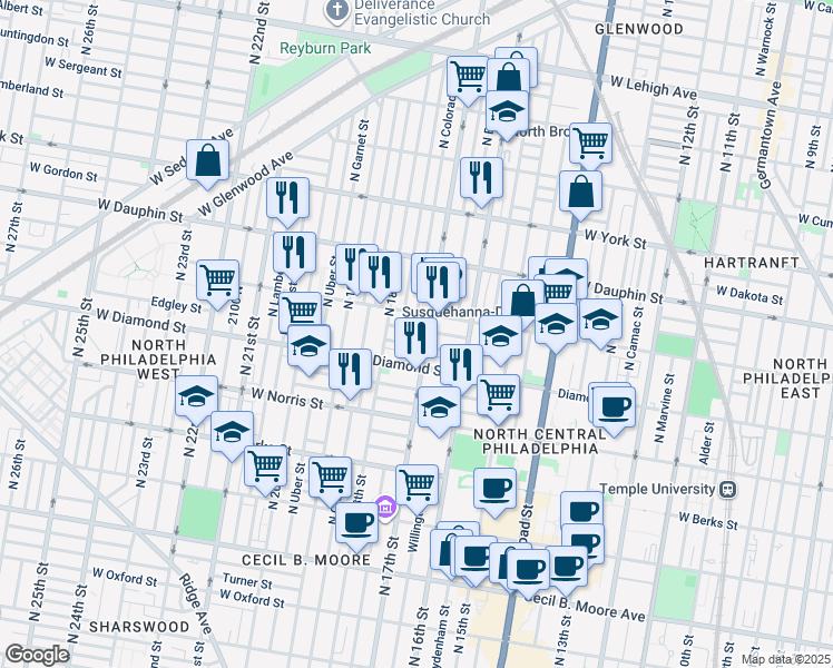 map of restaurants, bars, coffee shops, grocery stores, and more near 1714 French Street in Philadelphia
