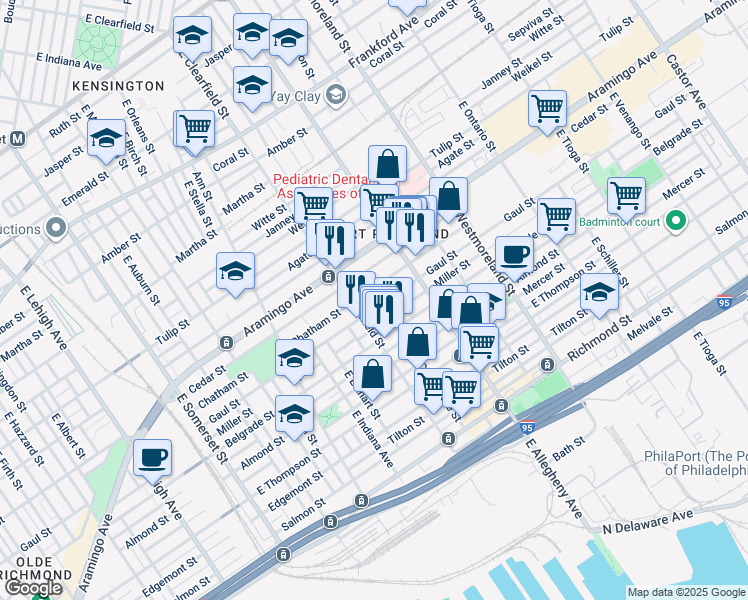map of restaurants, bars, coffee shops, grocery stores, and more near 2434 East Clementine Street in Philadelphia
