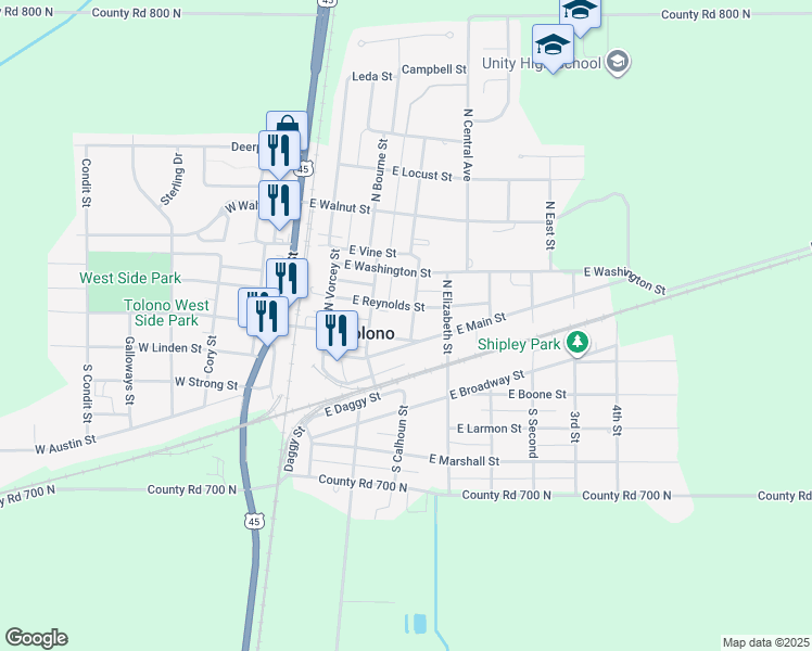 map of restaurants, bars, coffee shops, grocery stores, and more near 302 North Calhoun Street in Tolono