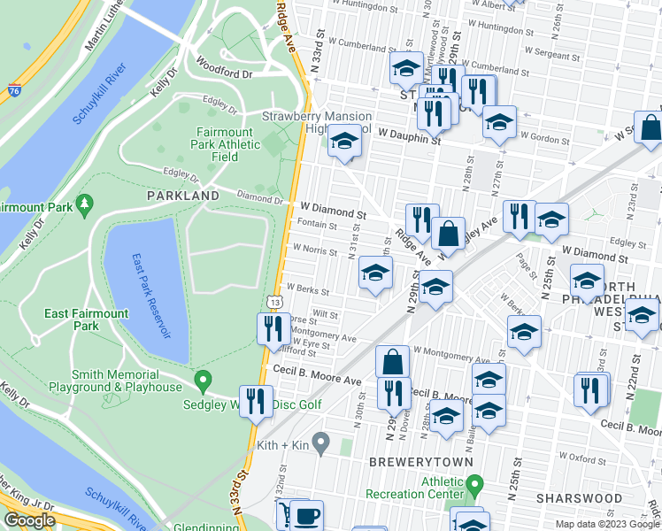 map of restaurants, bars, coffee shops, grocery stores, and more near 1949 North Patton Street in Philadelphia