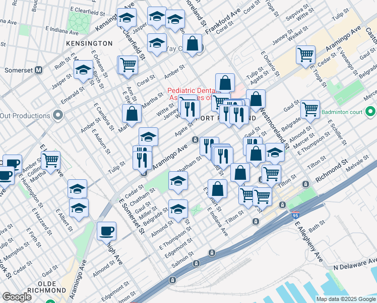 map of restaurants, bars, coffee shops, grocery stores, and more near 3086 Aramingo Avenue in Philadelphia