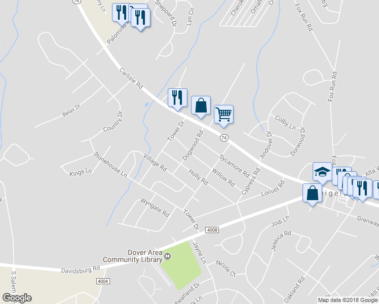 map of restaurants, bars, coffee shops, grocery stores, and more near 3599 Willow Road in Dover