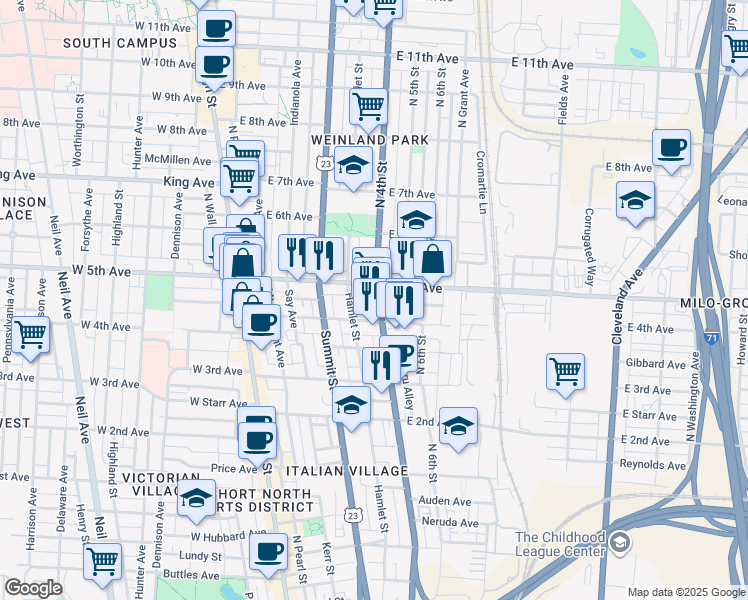 map of restaurants, bars, coffee shops, grocery stores, and more near 1186-1190 East 4th Avenue in Columbus