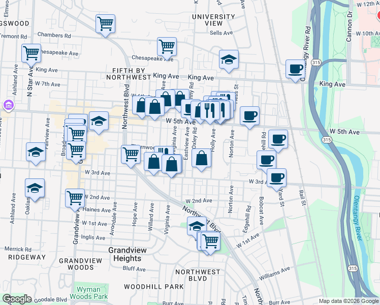 map of restaurants, bars, coffee shops, grocery stores, and more near 1378 Eastview Avenue in Columbus
