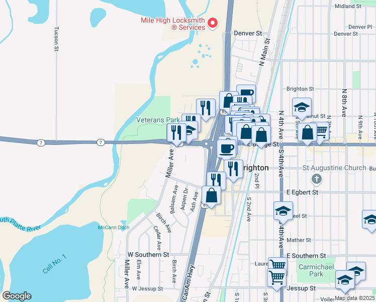 map of restaurants, bars, coffee shops, grocery stores, and more near 1605 Bridge Street in Brighton