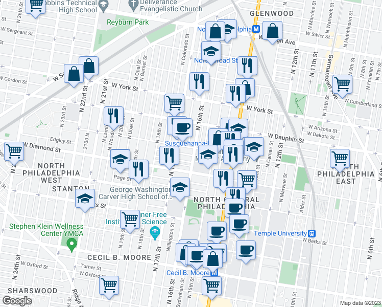 map of restaurants, bars, coffee shops, grocery stores, and more near 2128 North 16th Street in Philadelphia