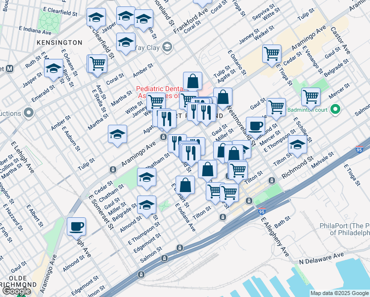 map of restaurants, bars, coffee shops, grocery stores, and more near 2432 East Clementine Street in Philadelphia