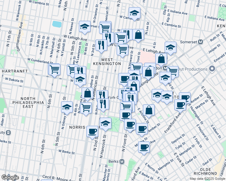 map of restaurants, bars, coffee shops, grocery stores, and more near 2351 North Hancock Street in Philadelphia