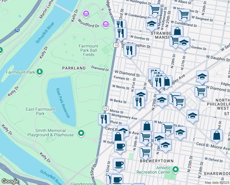 map of restaurants, bars, coffee shops, grocery stores, and more near 3222 Arlington Street in Philadelphia