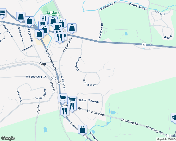 map of restaurants, bars, coffee shops, grocery stores, and more near 863 Timberline Drive in Gap