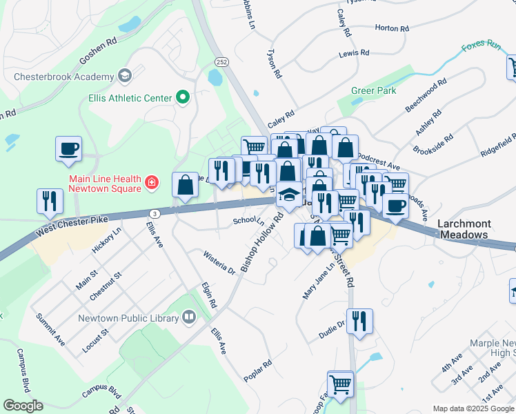 map of restaurants, bars, coffee shops, grocery stores, and more near 3720 West Chester Pike in Newtown Square