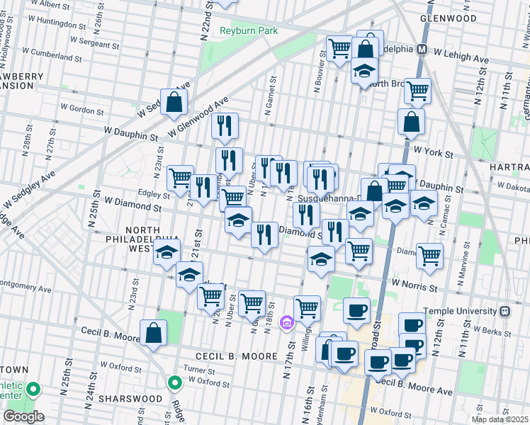 map of restaurants, bars, coffee shops, grocery stores, and more near 1828 West Susquehanna Avenue in Philadelphia