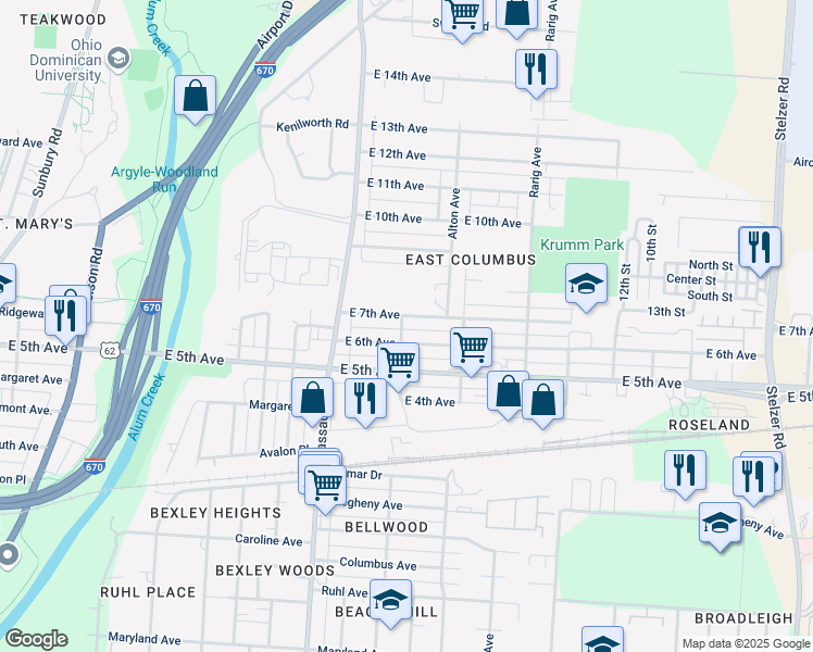 map of restaurants, bars, coffee shops, grocery stores, and more near 2806 East 7th Avenue in Columbus