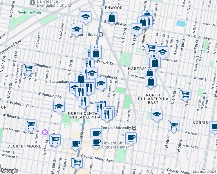 map of restaurants, bars, coffee shops, grocery stores, and more near 2216 North Camac Street in Philadelphia