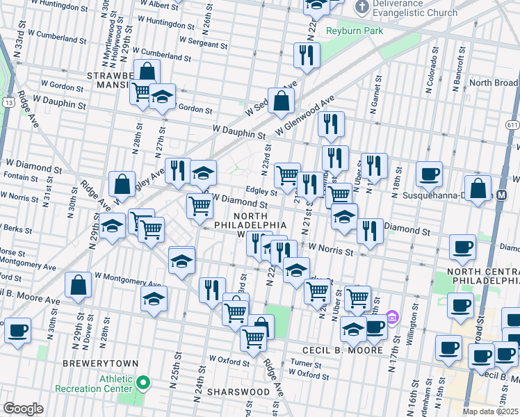map of restaurants, bars, coffee shops, grocery stores, and more near 2234 West Diamond street in Philadelphia