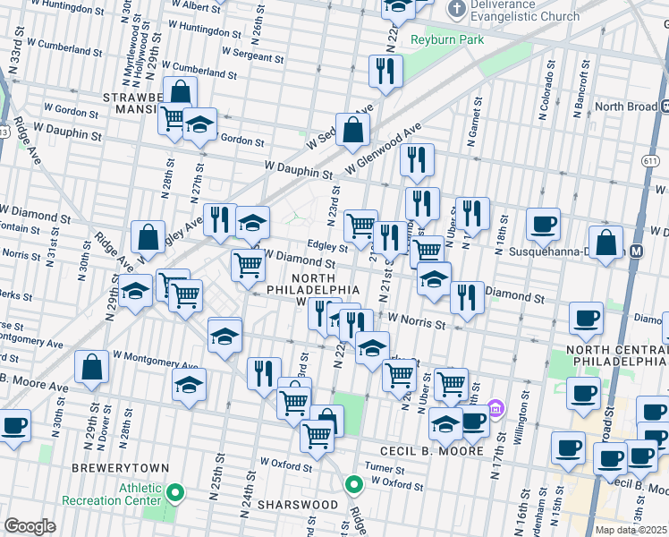 map of restaurants, bars, coffee shops, grocery stores, and more near 2234 West Diamond street in Philadelphia