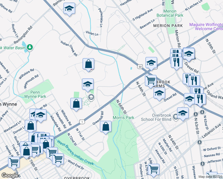 map of restaurants, bars, coffee shops, grocery stores, and more near 1001 City Avenue in Penn Wynne