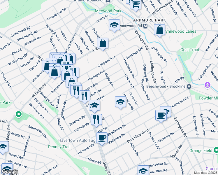 map of restaurants, bars, coffee shops, grocery stores, and more near 139 East Turnbull Avenue in Havertown