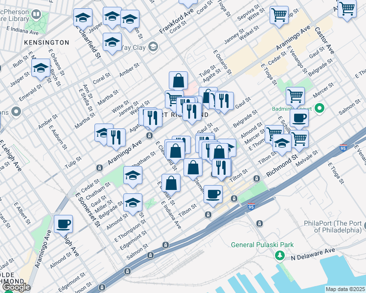 map of restaurants, bars, coffee shops, grocery stores, and more near 3157 Gaul Street in Philadelphia