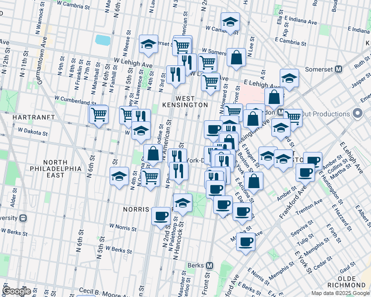 map of restaurants, bars, coffee shops, grocery stores, and more near 2346 North Palethorp Street in Philadelphia