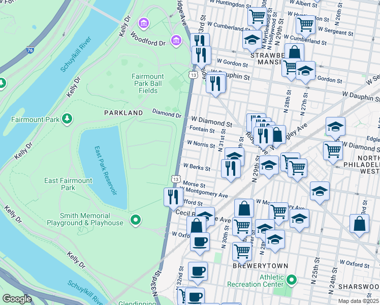 map of restaurants, bars, coffee shops, grocery stores, and more near 3226 Arlington Street in Philadelphia