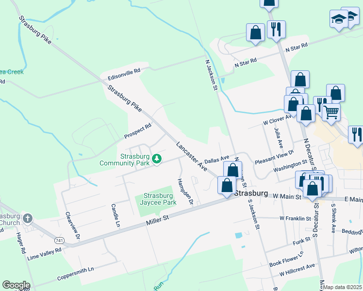 map of restaurants, bars, coffee shops, grocery stores, and more near 216 Lancaster Avenue in Strasburg
