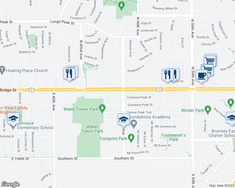 map of restaurants, bars, coffee shops, grocery stores, and more near 4473 Crestone Peak Street in Brighton