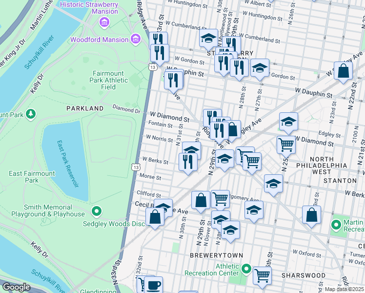 map of restaurants, bars, coffee shops, grocery stores, and more near 1960 North Stanley Street in Philadelphia