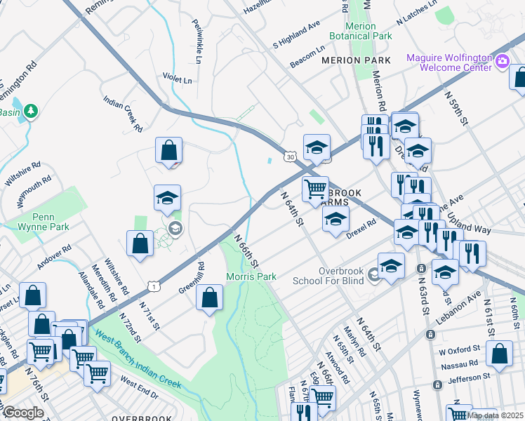 map of restaurants, bars, coffee shops, grocery stores, and more near 6416 City Avenue in Philadelphia