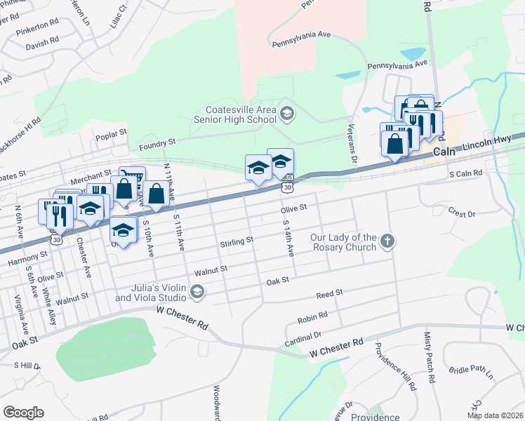 map of restaurants, bars, coffee shops, grocery stores, and more near 1322 Lincoln Highway East in Coatesville