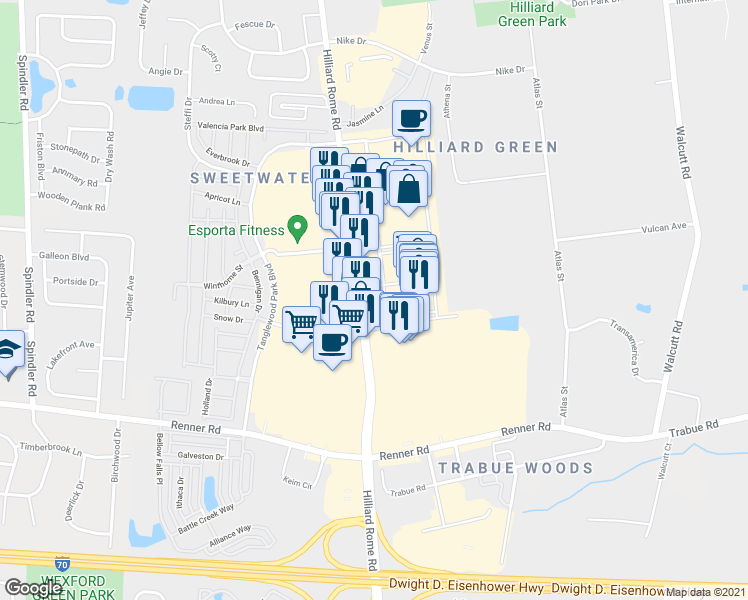 map of restaurants, bars, coffee shops, grocery stores, and more near 1760 Hilliard Rome Road in Hilliard
