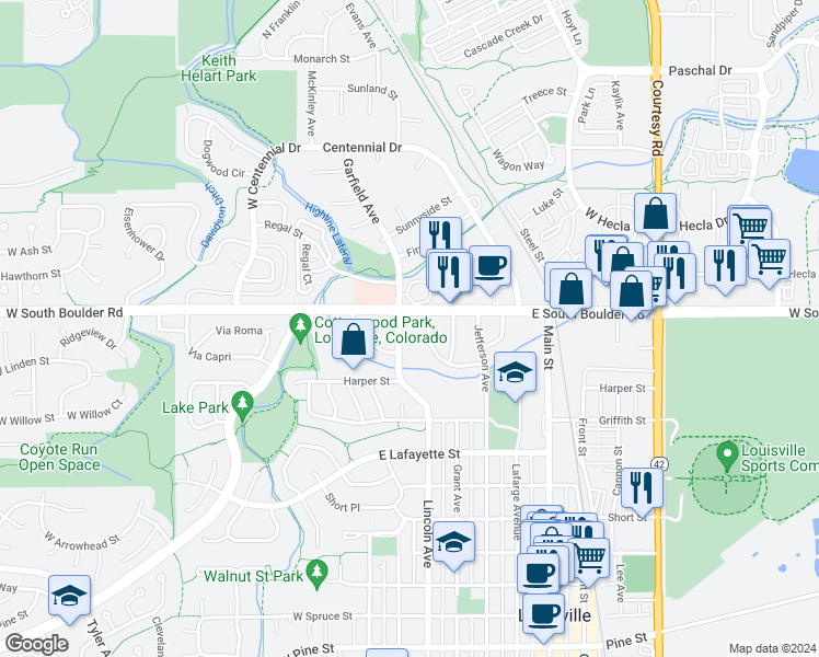 map of restaurants, bars, coffee shops, grocery stores, and more near 1700 Garfield Avenue in Louisville