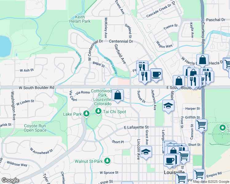 map of restaurants, bars, coffee shops, grocery stores, and more near 323 West South Boulder Road in Louisville
